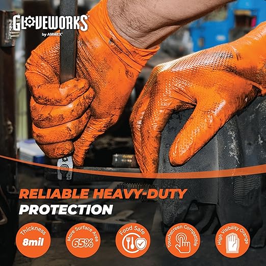 GLOVEWORKS 8 Mil Orange Nitrile Disposable Gloves Heavy Duty Industrial RDT for Mechanic and Automotive Large 10 Boxes of 100