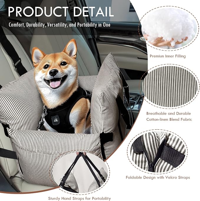 Dog Car Seats for Small/Medium Dogs Under 40 lbs - Elevated Pet Seat with Safety Belt, Non-Slip Base, and Storage Pockets for Car Travel,Brown