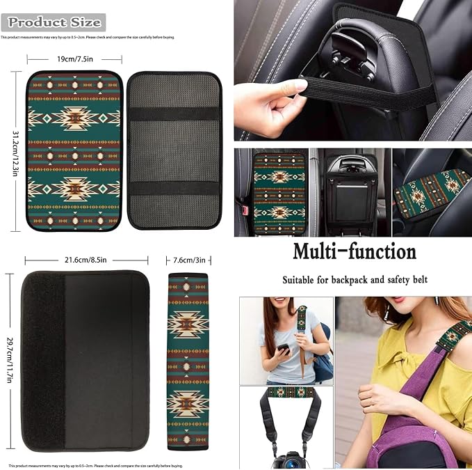 Dreaweet Navajo Seat Covers for Cars Trucks SUV,Green Southwestern Native American Seat Covers with Steering Wheel Cover,Seatbelt Cover,Armrest Pad,Cup Holder,Gear Shift Knob Handbrake Cover,Set of 12