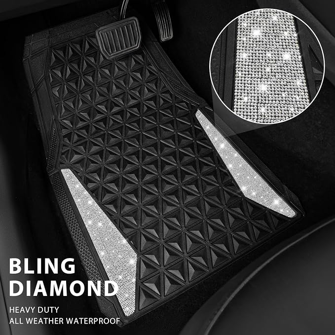 CAR PASS Bling Diamond Car Mats Rubber Floor Mats Full Set Anti-Slip 3D Rhombus Waterproof Trim to Fit Liner Universal Glitter Crystal Sparkly Shining Rhinestone Girl Women SUV Sedan, Silver Diamond