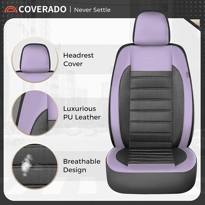 Coverado Car Seat Covers Full Set, Luxury Leather Car Seat Covers, Automotive Front and Rear Mesh Seat Covers, Full Set 5 Seats, Purple&Black Seat Covers for SUV Sedan Truck