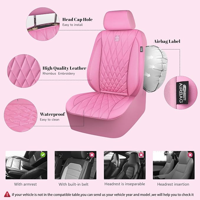 CAR PASS Piping Luxury Leather Two Front Car Seat Covers and 3 Piece Heavy Duty Deep Dish All Weather Rubber Car Floor Mats, Universal Fit for 95% Sedan SUV Van Truck, All Pink