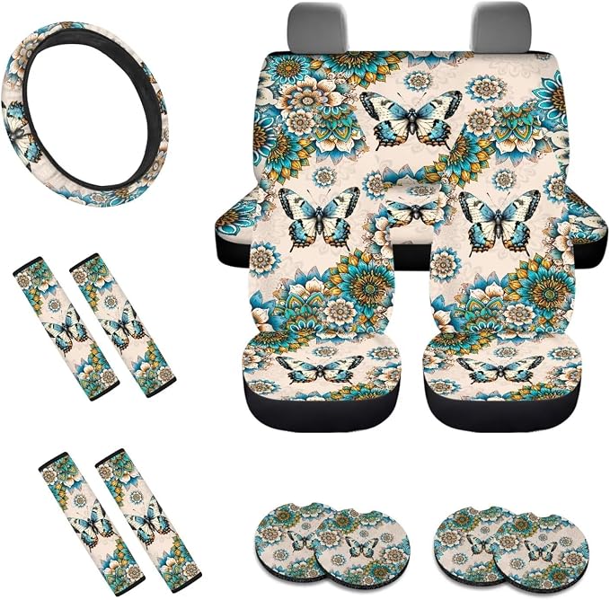 Boho Mandala Butterfly Pattern Car Accessories Set of 13, Front and Rear Seat Covers Full Set, Soft Steering Wheel Cover, Safe Belt Covers, Coasters, Wear Resisting Interior Covers