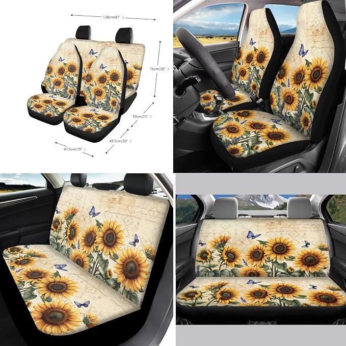 Xoenoiee Vintage Sunflower and Butterfly Car Seat Cover Front & Rear Seat Cover with Steering Wheel Cover + Seat Belt Cover+ Cup Coasters+ Key Chains Universal Fit for Van Truck SUV