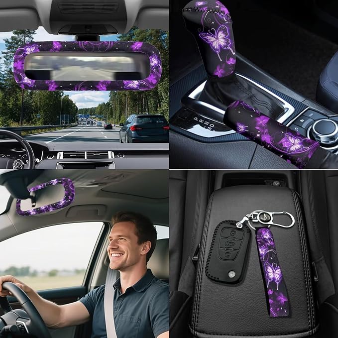 Purple Butterfly Car Seat Covers Full Sets of 18 Pieces Butterfly Car Interior Accessories Set with Soft Car Seat Belt Pads Cover Car Headrest Covers Steering Wheel Wrap,Universal Fit