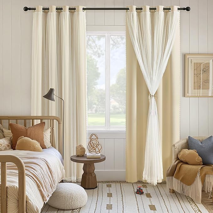 XiDi Beige Blackout Curtains with Sheer Overlay for Living Room Bedroom 63 Inches Long 2 Panels Mix & Match Double Layer Thermal Insulated Beige Window Drapes with Tiebacks Grommet Top W34 x L63