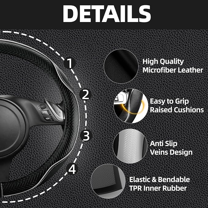 NBTEPEM 10 Pcs Car Floor Mats Full Set Car Accessories, Microfiber Leather Steering Wheel Covers 14.5-15 inch, Center Console Cover, Seat Belt Pads, Cup Coasters, Universal Interior Decor(Grey)