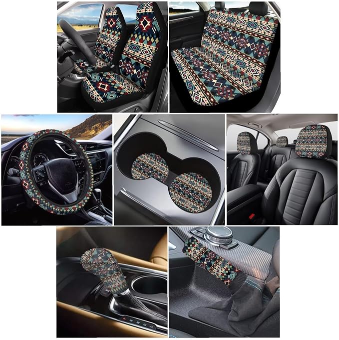 Wanyint Car Seat Cover Full Set for Women Men, with Cup Coasters Steering Wheel Protector Handbrake Gear Shift Knob Headrest Cover Auto Decor, Set of 11, Southwest Aztec Dark Blue Red