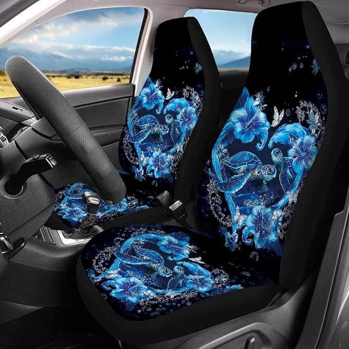 Sea Turtle Car Accessories Set 17 Pack Blue Turtle Car Seat Covers Full Set with Animal Car Mats Full Seat Belt Pads Steering Wheel Covers Car Seat Accessory Protector for Women Man