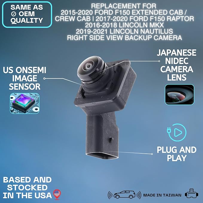 Right Side View Backup Camera Replaces for 2015-2020 Ford F150 Extended Cab/Crew Cab | 2017-2020 Ford F150 Raptor | 2016-2018 Lincoln MKX | 2019-2021 Lincoln Nautilus OE Part # FL3Z19G490AA-R