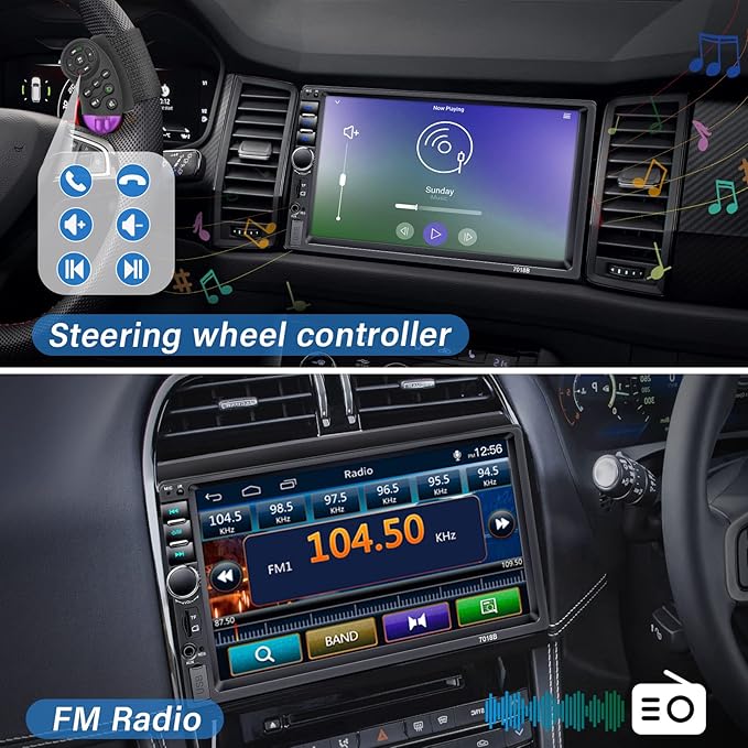 Double Din Car Stereo with Backup Camera Microphone, 7' Touchscreen 2 Din Radio, MP5 Player, Car Audio Receivers Support Mirror Link/Hands Free Call/FM/Steering Wheel Remote/BT/TF/USB/EQ/Aux