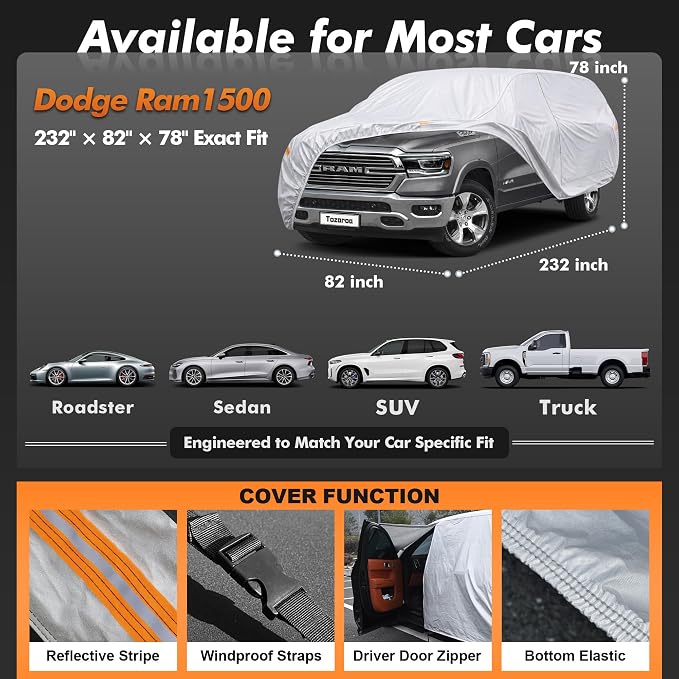 Car Cover Waterproof All-Weather,Heavy-Duty Outdoor Full Exterior Automobiles Snow Cover for Truck Cover with Camper Shell Topper 229-242 inch,with Windshield Sun Shade,Towel&Storage Bag