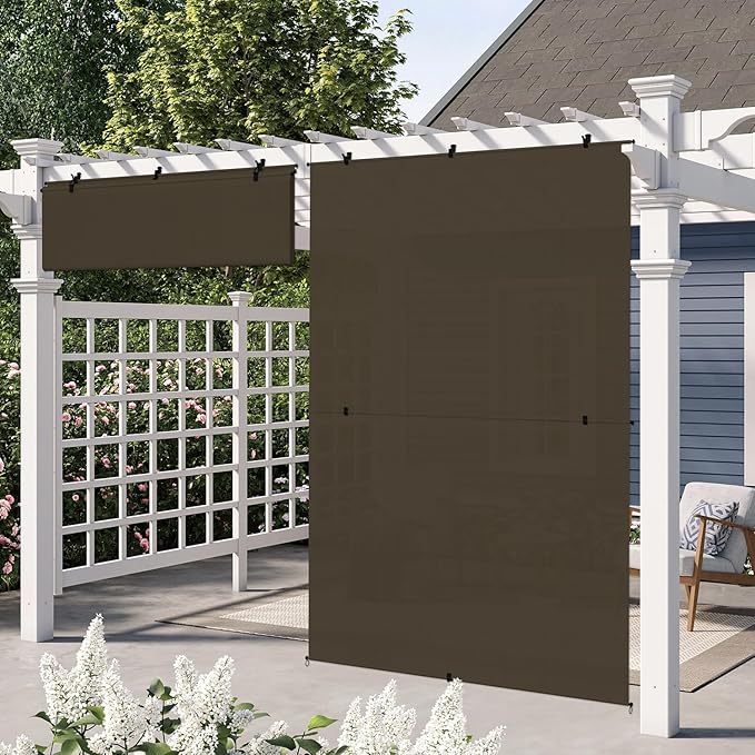 E&K Sunrise 8'W x 12.5'H Outdoor Roller Shades Patio Cordless Roll Up Blinds Foldable Sun Shade UV Block Exterior Sun Screen for Outside Porch Backyard Deck Pergola (Brown)