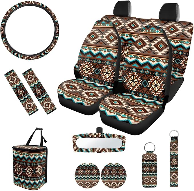 Aztec Car Accessories Set 12 Pcs Steering Wheel Cover Car Seat Belt Cover Car Trash Can Car Rear View Mirror Cover Car Cup Coasters Keychain Holder Keychains Car Interior Automotive