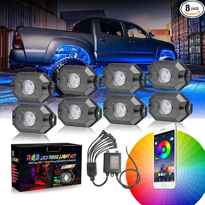 8 Pods RGB LED Rock Light Kits with Bluetooth Controller Waterproof Multicolor Neon LED Lights Underglow Trail Rig Lights for Trucks SUV ATV UTV Boat Motorcycle Off Road