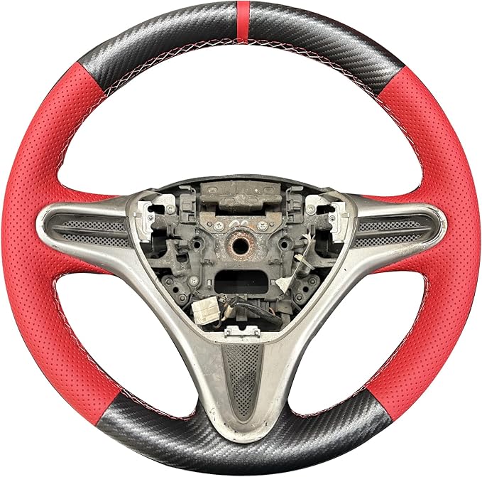 Loncky Black Genuine Leather Carbon Fiber Steering Wheel Cover for Honda Civic 8 2006 2007 2008 2009 2010 2011 Car Custom Fit Hand Stitched OEM DIY Suede Car Interior Parts Accessories