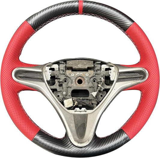 Loncky Black Genuine Leather Carbon Fiber Steering Wheel Cover for Honda Civic 8 2006 2007 2008 2009 2010 2011 Car Custom Fit Hand Stitched OEM DIY Suede Car Interior Parts Accessories