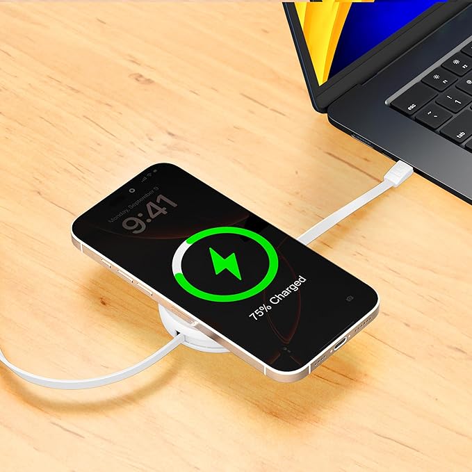 Function101 2-in-1 Retractable USB-C Magnetic Wireless Charging Cable 1.1m, 10 Lengths – Type C Charger Cord for Type C Devices, Compact Retractable Charger for Versatile Charging Solutions, White