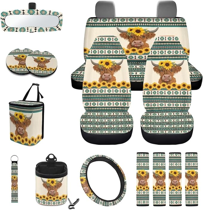 Wanyint Car Seat Cover Set 15 PCS, with Steering Wheel Seat Belt Strap Rear View Mirror Cover Trash Can Cup Coaster Keychain Air Vent Storage Bag Universal Fit, Aztec Highland Cow Sunflower Blue