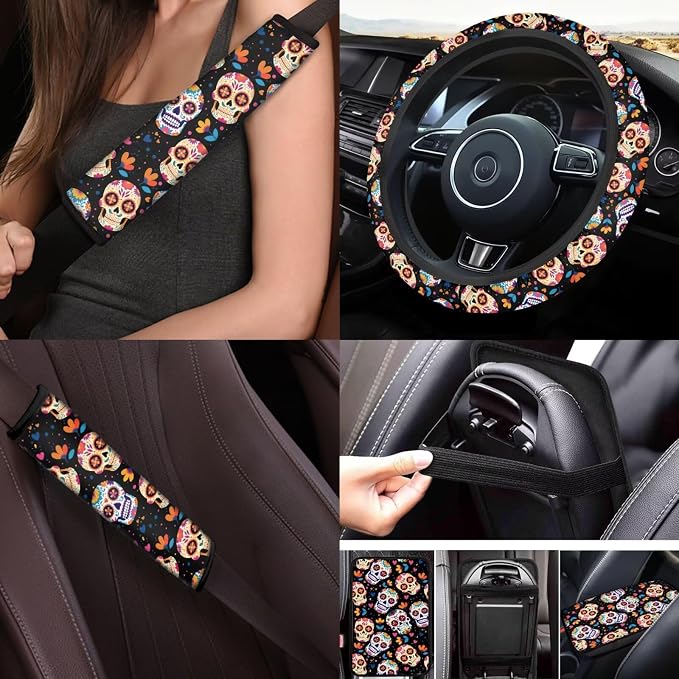 Skull Floral Car Seat Covers Full Set 17 Pack for Women Man Skull Print Car Accessories Set with Seat Belt Cover Pad,Steering Wheel Cover,Armrest Pad,Cup Coasters Car Floor Mats Set of 4