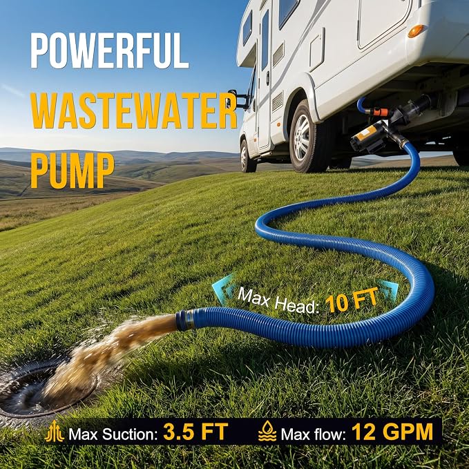 12V RV Portable Macerator Pump, 12GPM Self-Priming Sewage Quick Grinder Pump, Suction 3.5 Feet Lift 10 Feet Waste Pumps for RV Camper Boat Kitchen
