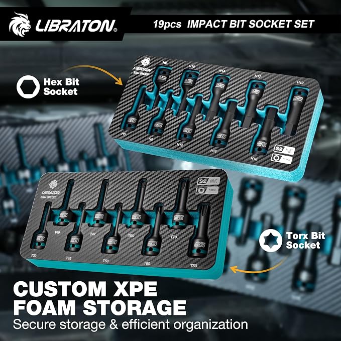 LIBRATON Impact HEX & TORX Bit Socket Set, 1/2" Dr, S2 Steel, 19PCS High Torque Sockets (H5-H19 + T30-T80) for Professional Mechanics & Automotive Repair (XPE Storage Cases)