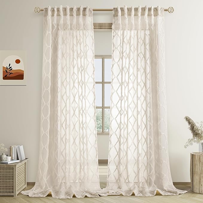 108 Inches Beige Sheer Curtains for Living Room Bedroom Farmhouse Boho Soft Light Filtering Curtains Back Tab & Rod Pocket Tuft Pattern Semi Sheer Curtain 2 Panels Drapes Light Tan Linen Oatmeal