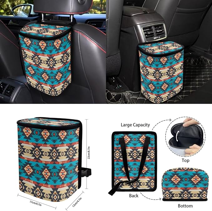 Southwest Aztec Blue Car Seat Covers Set of 15 with Universal Steering Wheel Cover, Rearview Mirror Cover, Car Trash Can, Seatbelt Pads, Cup Holder Coasters, Keychains