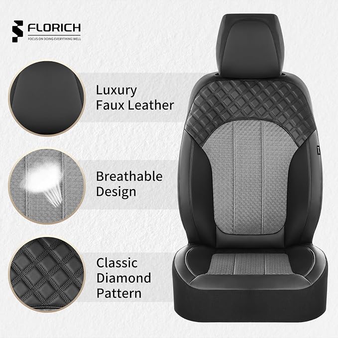 FLORICH Car Seat Covers Full Set Leather & Mesh Seat Cover 5 Seats Front and Back Car Interior Covers Automotive Seat Comfort Protection Accessories Universal Fit for Most Car SUV Truck, Gray&Black