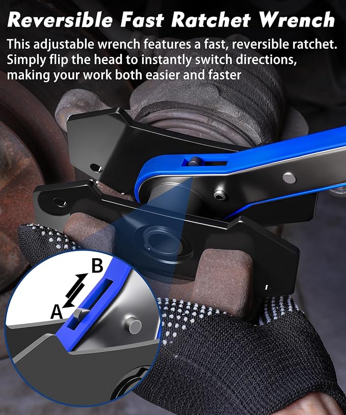 Brake Caliper Compression Tool,360° Swing Ratchet Switch With Additional 2 pcs Large Steel Plate and 2 Hooks&Nylon Grip Work Gloves for Single/Twin/Quad Piston,Disc Brake Repair/Car,Truck,SUV(Blue)