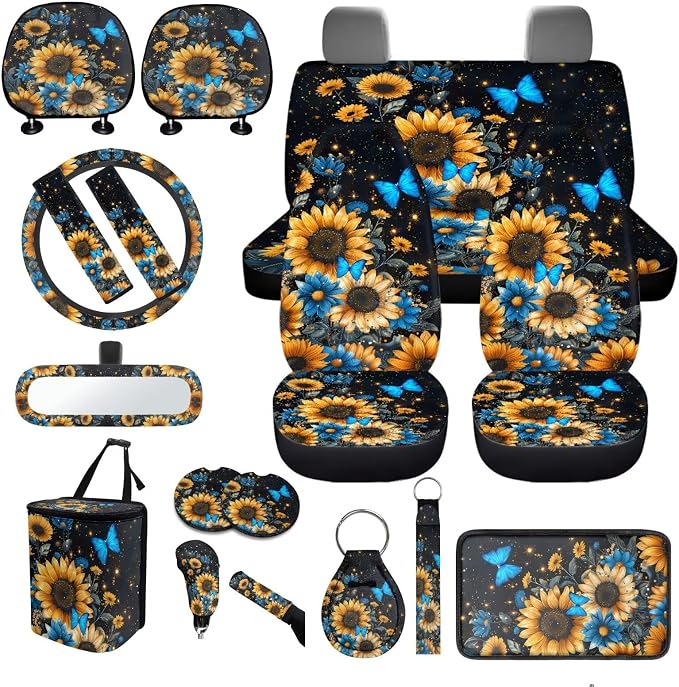 Butterfly Sunflower Print Car Seat Covers Full Sets 18 Pcs Universal Car Interior Accessories Sets Sunflower Print Steering Wheel Car Covers Auto Trash Can Car Headrest Covers Seat Belt Pads