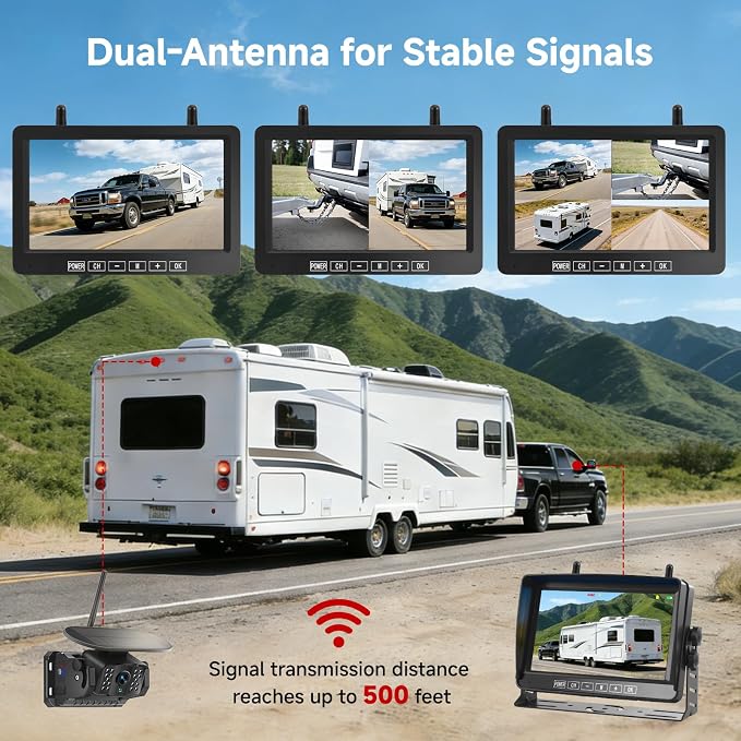 Magnetic Wireless Backup Camera with 7" 1080P 4CH Monitor for Truck | 15000mAh Battery Solar Powered Waterproof Reverse camera, DVR Recording, 500ft Range for Horse Trailer RV Pickup Tractor Boat