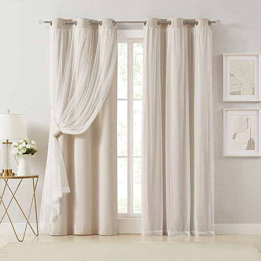 Bujasso Beige 80% Blackout Curtains with Sheer Overlay Mix and Match Double Layer Thermal Insulated Window Panels 95 inch for Living Room Bedroom Beige Drapes with Tiebacks Grommet Top 37" Wx95 Lx2