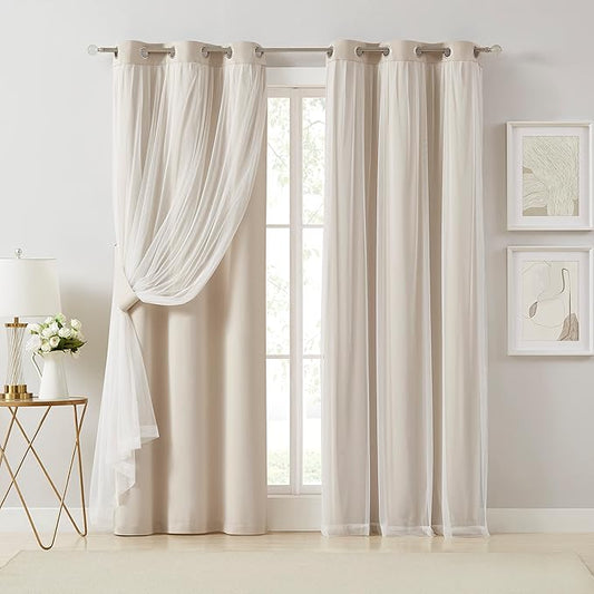 Bujasso Beige 80% Blackout Curtains with Sheer Overlay Mix and Match Double Layer Thermal Insulated Window Panels 108 inch for Living Room Bedroom Beige Drapes with Tiebacks Grommet Top 37" Wx108 Lx2