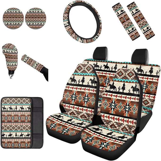 Dreaweet Aztec Car Seat Covers Full Set Western Cowboy Pattern Car Accessories for Men,Universal Steering Wheel Cover/Center Console Cover/Seatbelt Covers/Coasters/Gear Shift Cover and Handbrake Cover