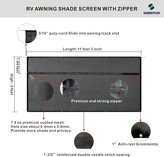 RV Awning Sun Shade Screen 9'x11'3''(Fit for 12' Awning),Black Mesh Shade Screen with Zipper,Universal Trailer Camper Awning Screen with Complete Kits,Improves Shadow and Privacy.