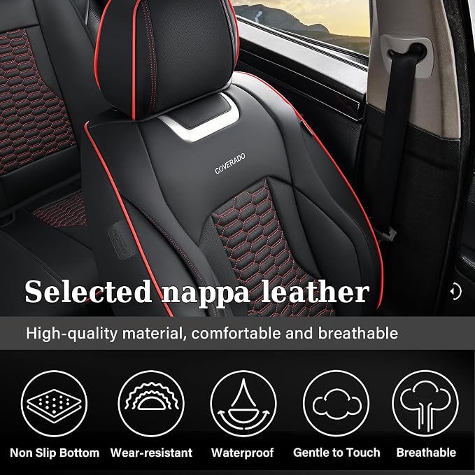 Coverado Car Seat Covers Full Set, 5 Seats Nappa Leather Seat Covers for Cars, Waterproof Automotive Car Seat Covers Interior Accessories Universal Fit Most Cars(Black&Red)