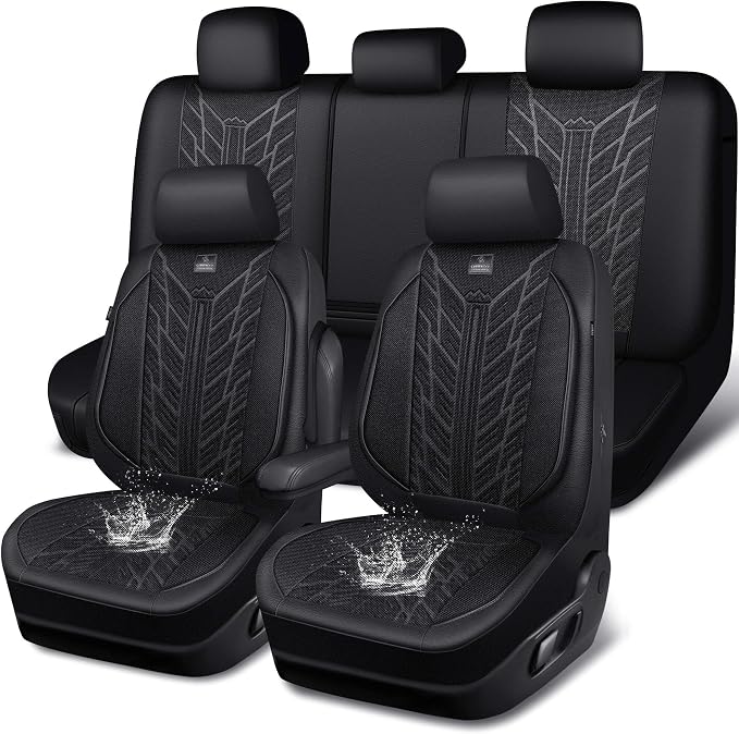 CAR PASS Leather Oxford Car Seat Covers Full Set,Heavy Duty Car Seat Covers Waterproof,Universal Fit for Trucks SUV Sedan Most Cars,Non-Slip,Armrest Airbag Compatible,All Black 3D Tyre Embossed