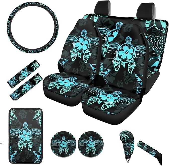 BIGCARJOB Sea Turtle Tribal Car Seat Cover Sets 12 Pcs Auto Interior Accessories Seat Belt Cover,Armrest Seat Box Cover Cushion,Cup Mats,Universal Car Seat Protector Sets