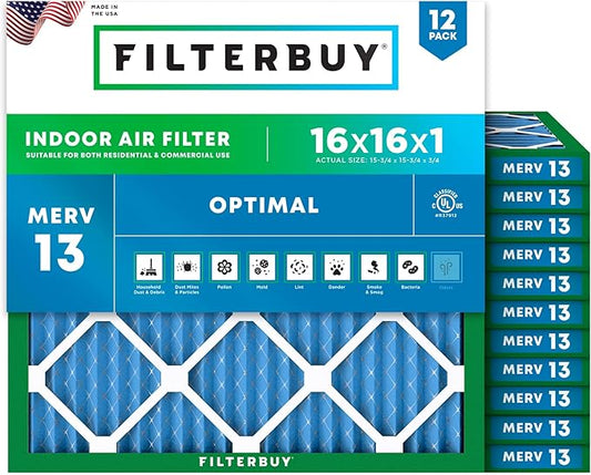 Filterbuy 16x16x1 Air Filter MERV 13 Optimal Smoke & Allergy Defense (12-Pack), Electrostatic Pleated HVAC AC Furnace Filters Replacement (Actual Size: 15.75 x 15.75 x 0.75)
