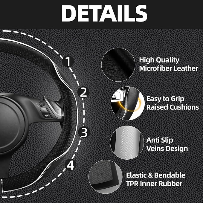 NBTEPEM 10 Pcs Car Floor Mats Full Set Car Accessories, Microfiber Leather Steering Wheel Covers 14.5-15 inch, Center Console Cover, Seat Belt Pads, Cup Coasters, Universal Interior Decor(White)