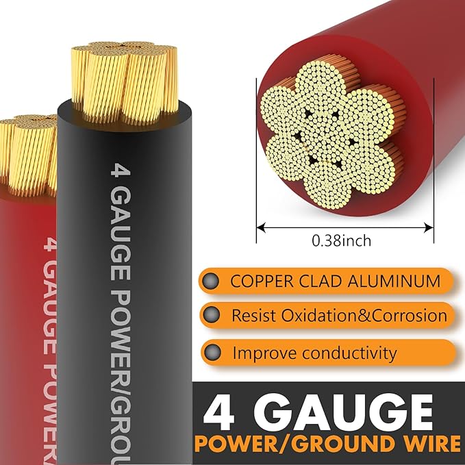 Jeemiter 4 Gauge Red Black Power Wire Kit (25ft Each) | Total 50ft CCA Cable for Full Stereo Install & Battery Relocation | with Heat Shrink & Connectors