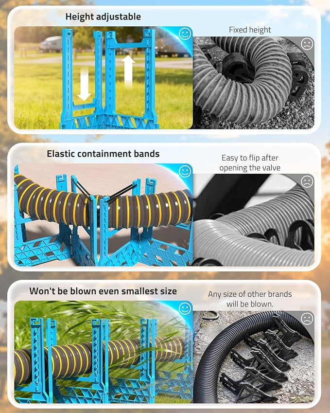 PAULINN 10FT RV Camper Sewer Hose Support, Height Adjustable Sewer Hose Support for RV Camper, Deep Cradles Design, Quick Setup and Takedown, w/Secure Rubber Band & Carrying Strap