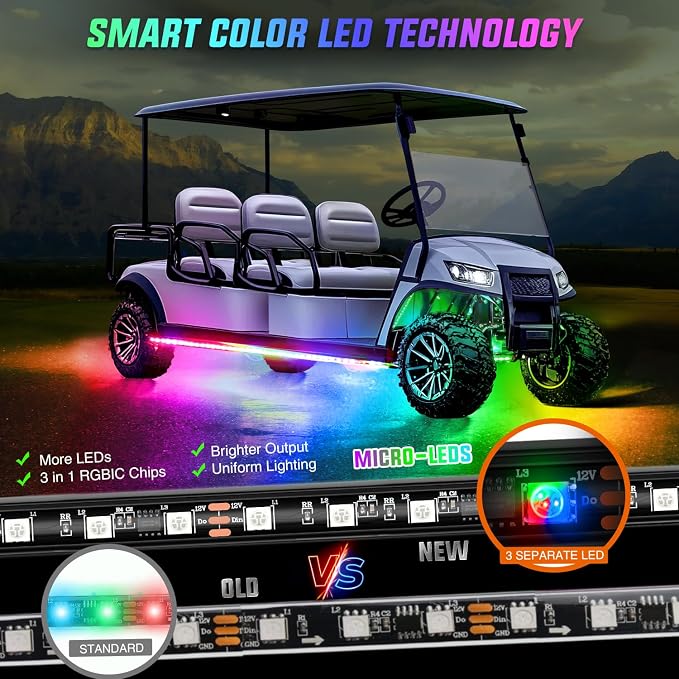 Nilight 4PCS Golf Cart Underglow LED Light Strip Dream Color Multi-Mode Neon Accent Lighting Kit APP and Remote Control Sound Active Music Sync IP67 Waterproof 12V-66V Input for EZGO Yamaha Club Car