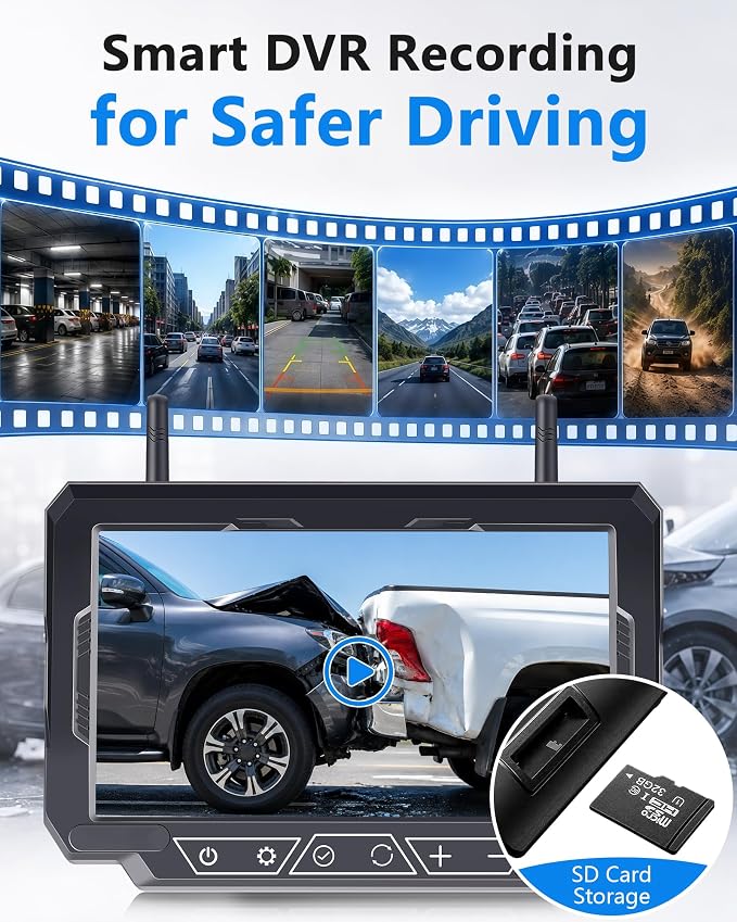 1080P HD 7-Inch Wireless Backup Camera: 15-Min Easy Install Plug & Play - Continuous Loop Recording with One-Button Playback Rear View Camera for Truck Pickup Car SUV Parking Safety Towing Assistance