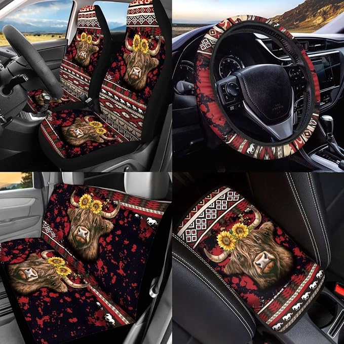 BIGCARJOB 15 Pack Highland Cow Print Car Seat Covers Set Tribal Print Auto Seat Headrest Cover Universal Steering Wheel Cover Car Trash Can Hanging Auto Interior Accessories Set