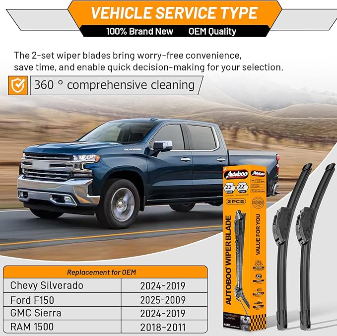 AUTOBOO 22 + 22 Windshield Wipers Replacement for F150 2025 2024 2023-2009,Silverado 1500 2024-2019,Sierra 1500 2024-2019,RAM 1500 2018-2011 Original Factory Quality J/U Hook