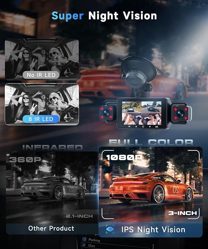 4 Channel 360° Dash Camera Front and Rear Inside Left Right, 3 Inch Dash Cam Support WiFi, Built-in Night Vision Sensitive Motion Detection 24/7 Recording Parking Mode Monitor Reversing Help