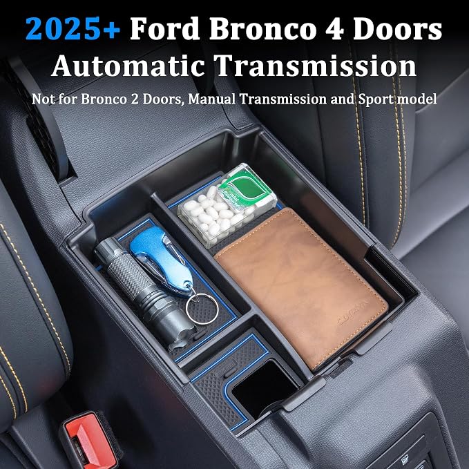 TOPINSTALL Blue 2025+ Upgraded Tray Compatible with Ford Bronco 2025 2026 4-Door Automatic Transmission, Full Size Bronco Console Organizer (NOT for Manual & 2-Door & Sport Model)