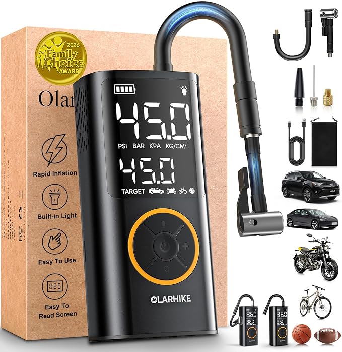 OlarHike Tire Inflator Portable Air Compressor, Smart Dual Hose System, Auto Air Pump for Car Tires, Bike,Bicycle, Motorcycles,Electric Pump with LED Light & Digital Pressure Gauge